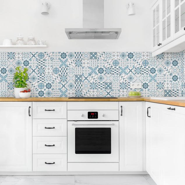 Backsplash de cozinha imitação azulejos Geometrical Tile Mix Blue Grey