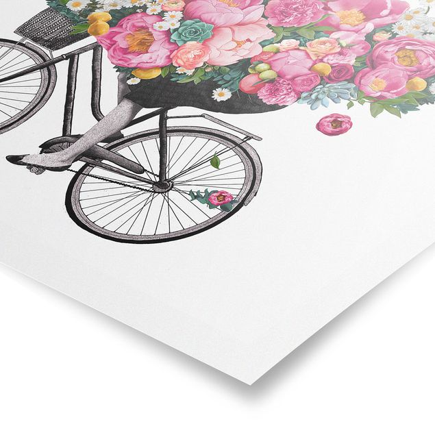 Quadros rosas Illustration Woman On Bicycle Collage Colourful Flowers