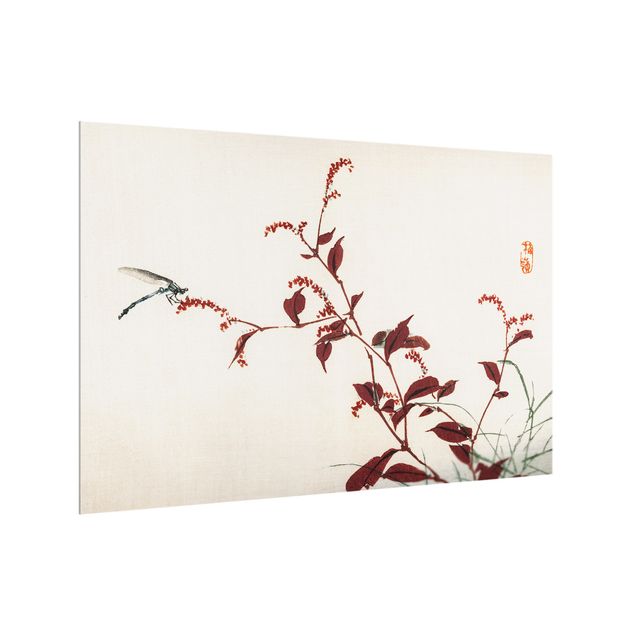 Painel antisalpicos Asian Vintage Drawing Red Branch With Dragonfly