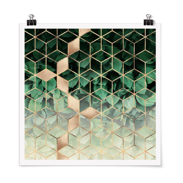 Posters abstratos Green Leaves Golden Geometry