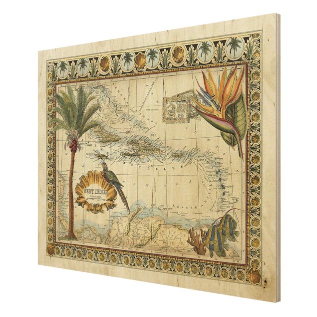 Quadros em madeira paisagens Vintage Tropical Map West Indies