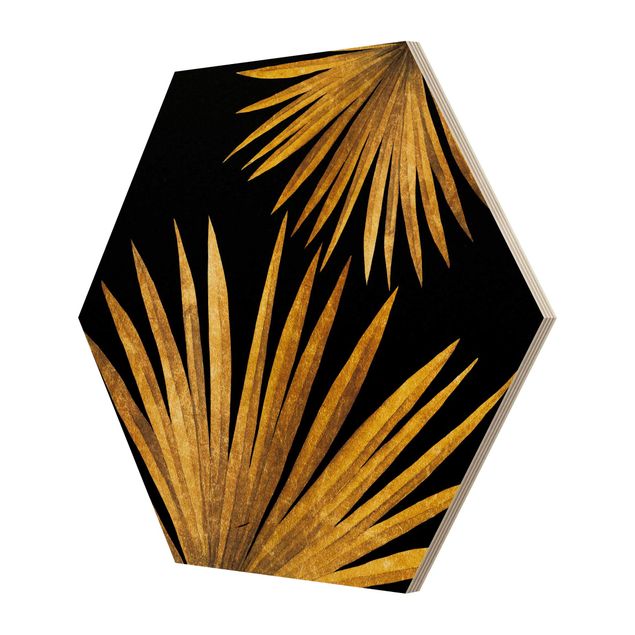 Quadros hexagonais Gold - Palm Leaf On Black