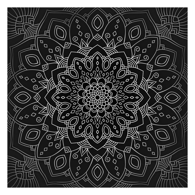 Papel de parede padrões Mandala Flower Pattern Silver Black