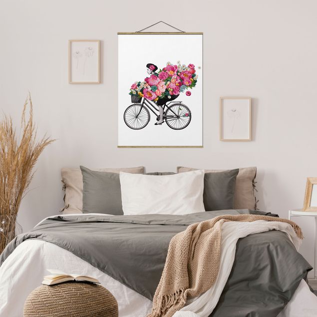 quadros de flores Illustration Woman On Bicycle Collage Colourful Flowers