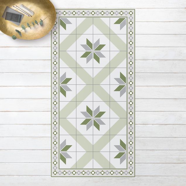 Tapetes exteriores Geometrical Tiles Rhombic Flower Olive Green With narrow Border