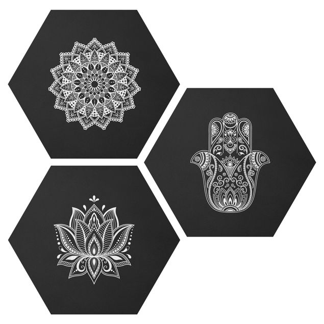 Quadros zen Mandala Hamsa Hand Lotus Set On Black
