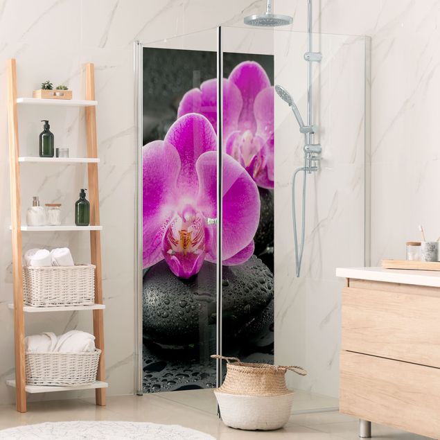 Revestimento de parede para duche Pink Orchid Flower On Stones With Drops
