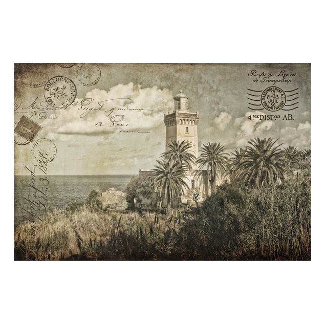 quadros de paisagens Vintage Postcard With Lighthouse And Palm Trees