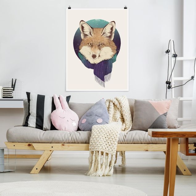 Posters animais Illustration Fox Moon Purple Turquoise