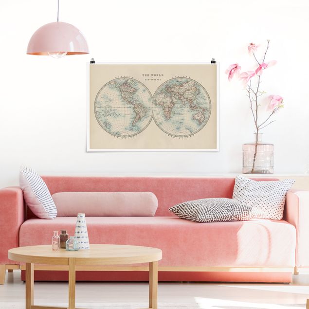 Mapa mundi poster Vintage World Map The Two Hemispheres