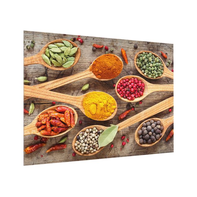 painel anti salpicos cozinha Spices On Wooden Spoon