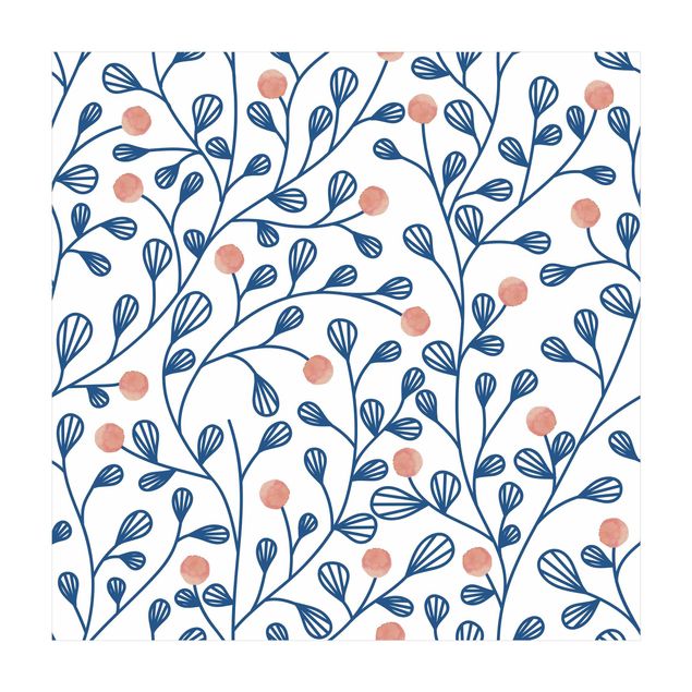 Tapetes selva Blue Plant Pattern With Dots In LIght Pink