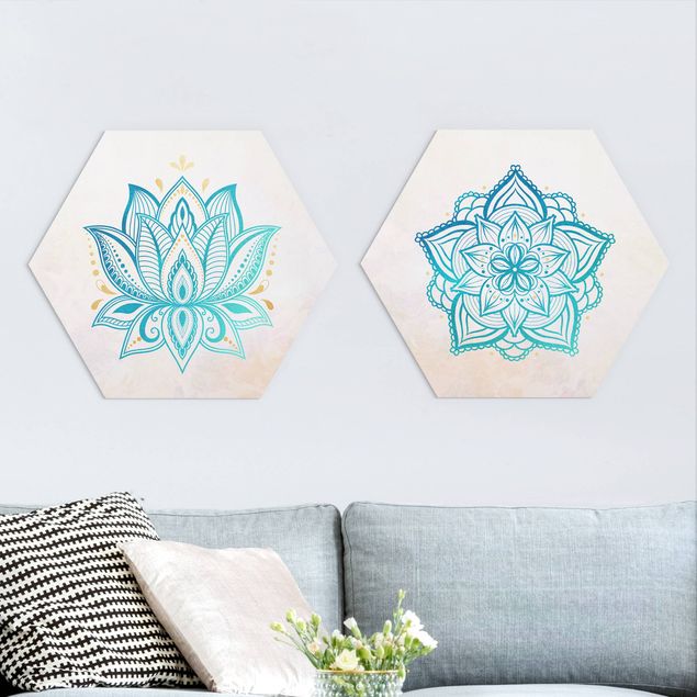 decoraçao para parede de cozinha Mandala Lotus Set Gold Blue