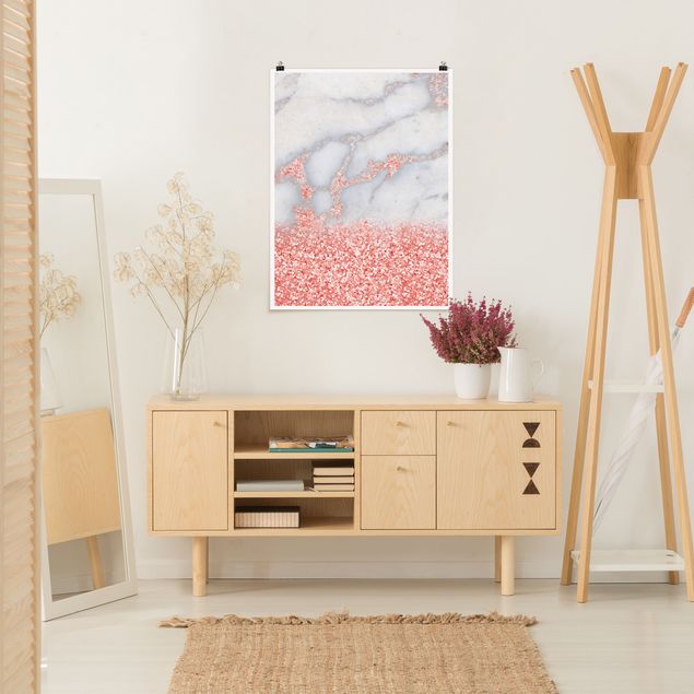 Posters abstratos Marble Look With Pink Confetti