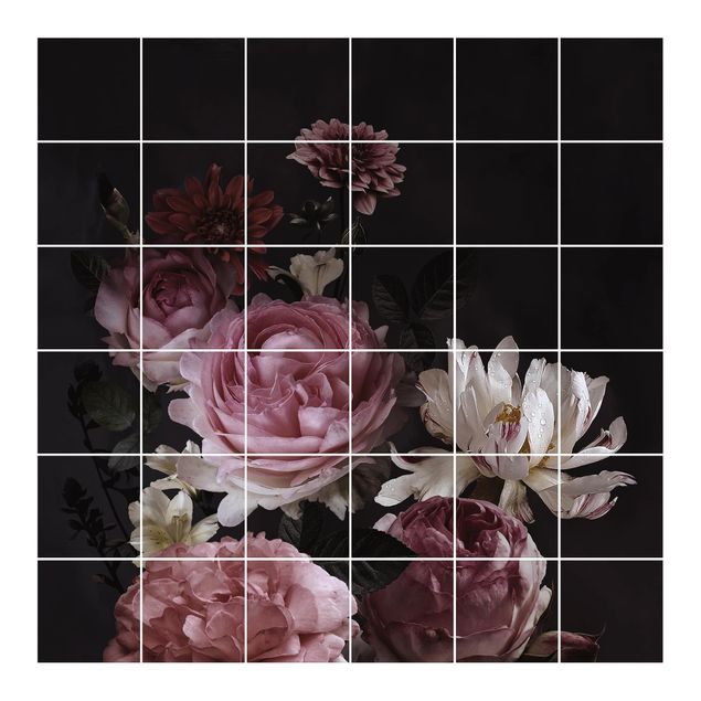 vinil autocolante para azulejos Pink Flowers On Black