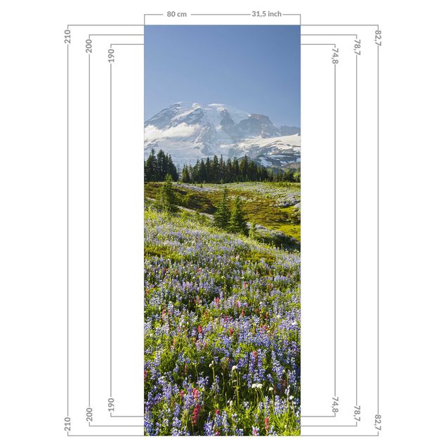 Revestimento de parede para duche Mountain Meadow With Blue Flowers in Front of Mt. Rainier