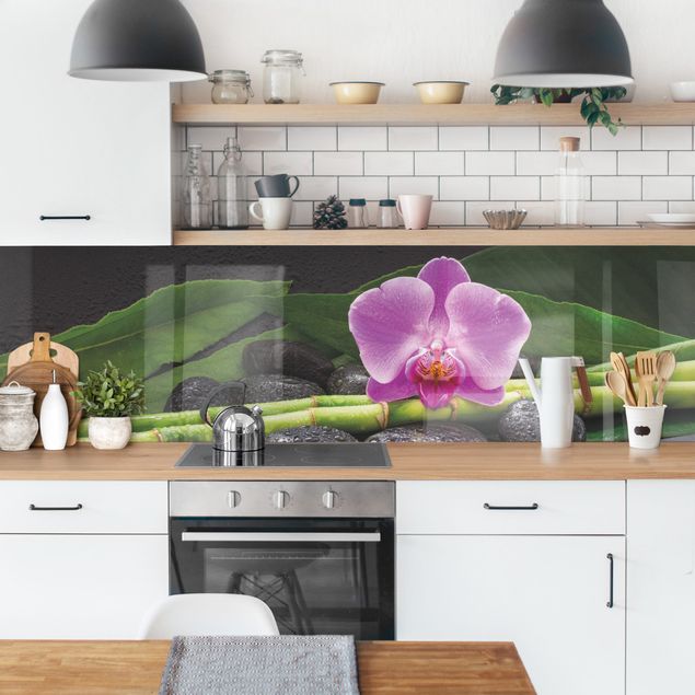 Backsplash de cozinha flores Green Bamboo With Orchid Flower