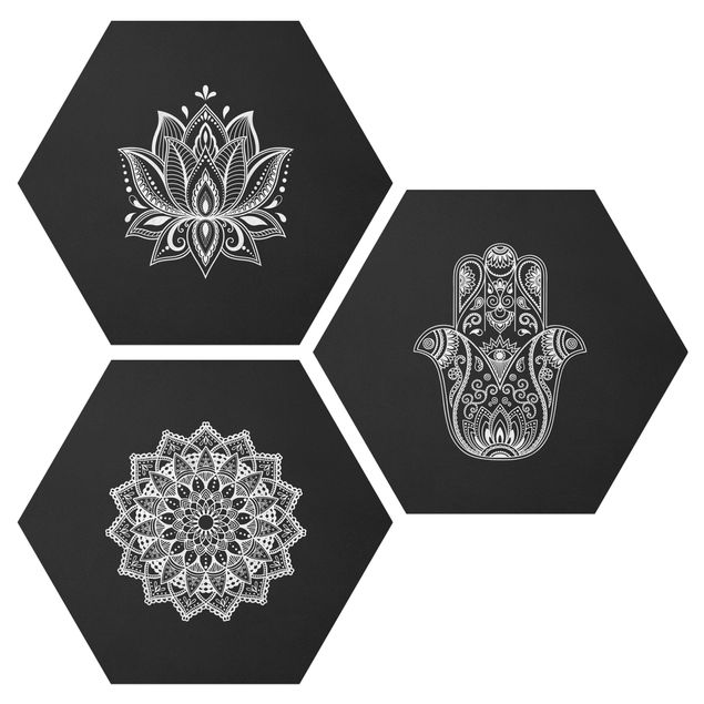 Quadros zen Mandala Hamsa Hand Lotus Set On Black