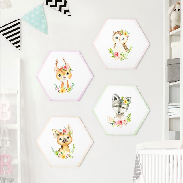 Decoração para quarto infantil Watercolour Forest Animals With Flowers Set IV