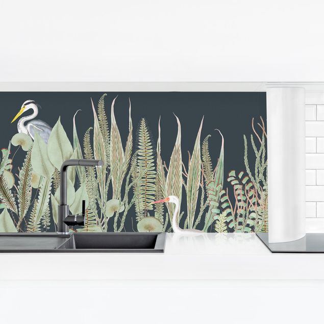 revestimento para cozinha Flamingo And Stork With Plants On Green