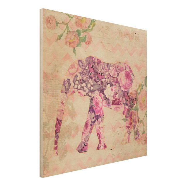 decoraçao para parede de cozinha Vintage Collage - Pink Flowers Elephant