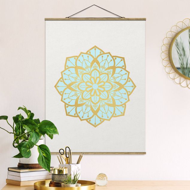 decoraçao para parede de cozinha Mandala Illustration Flower Light Blue Gold