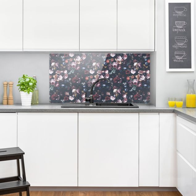 Painel anti-salpicos de cozinha flores Old Masters Flowers With Tulips And Roses On Dark Gray