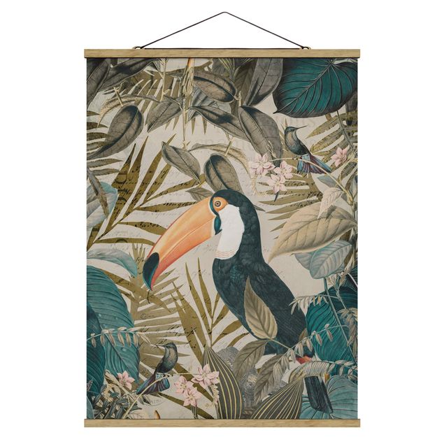 quadros flores Vintage Collage - Toucan In The Jungle