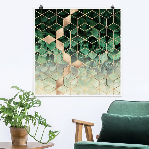 quadros 3d efeito tridimensional Green Leaves Golden Geometry