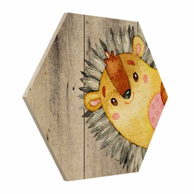 quadro animais quarto bebé Watercolor Hedgehog On Wood