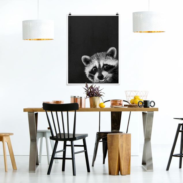 poster preto e branco Illustration Racoon Black And White Painting