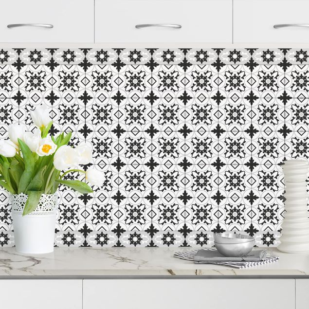 decoraçao para parede de cozinha Geometrical Tile Mix Flower Black