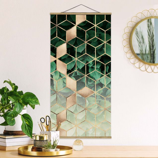 decoraçao para parede de cozinha Green Leaves Golden Geometry