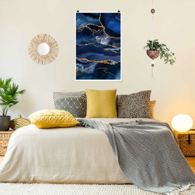 Posters quadros famosos Golden Glitter Waves Blue Backdrop