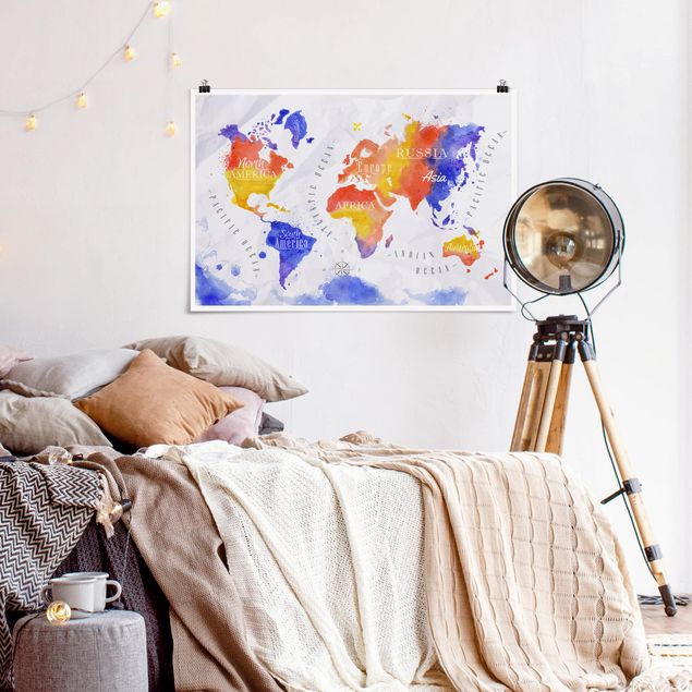 Posters mapa-múndi World Map Watercolour Purple Red Yellow