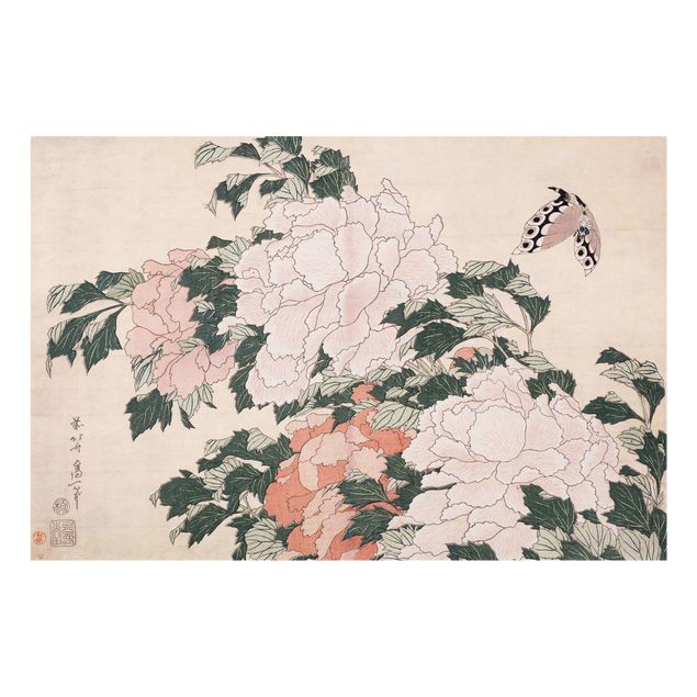 Painel antisalpicos Katsushika Hokusai - Pink Peonies With Butterfly