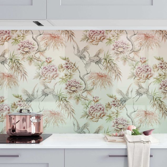 decoraçao para parede de cozinha Watercolour Birds With Large Flowers In Ombre II