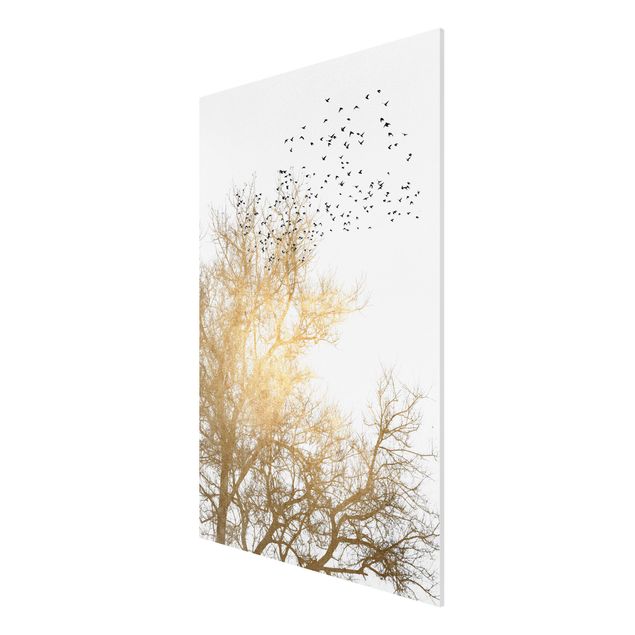 quadros de paisagens Flock Of Birds In Front Of Golden Tree