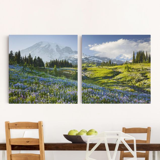 decoraçao para parede de cozinha Mountain Meadow With Blue Flowers in Front of Mt. Rainier