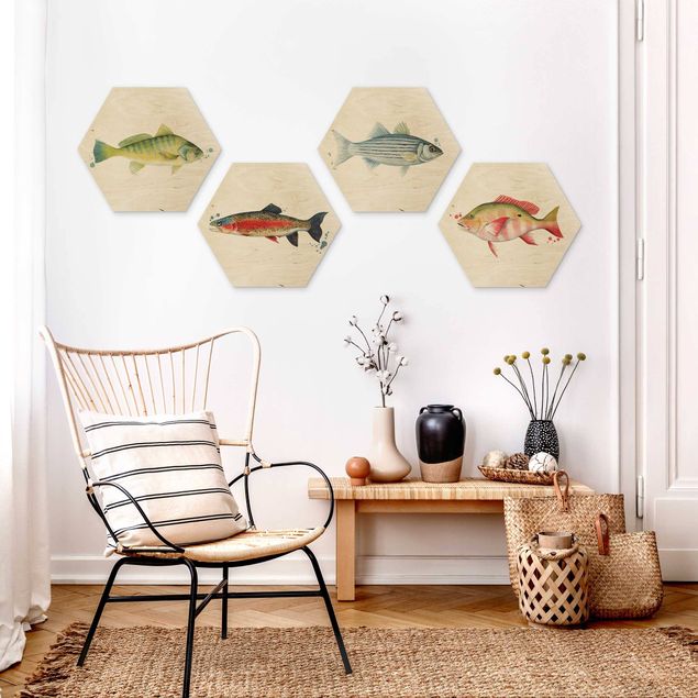 quadros em madeira para decoração Ink Trap - Fish Set I
