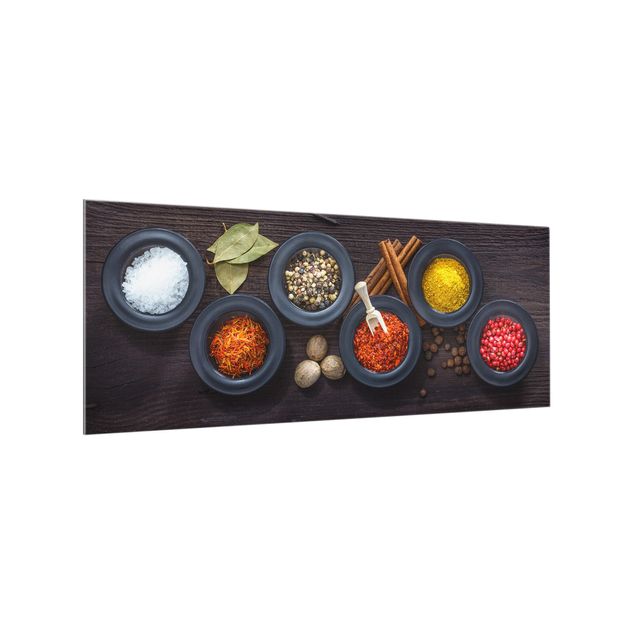 Painel anti-salpicos de cozinha imitação madeira Black Bowls with Spices