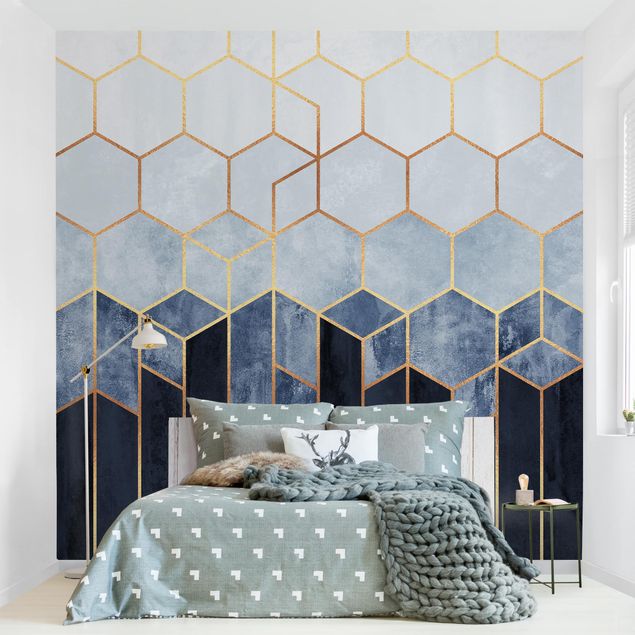 Papel de parede geométrico Golden Hexagons Blue White