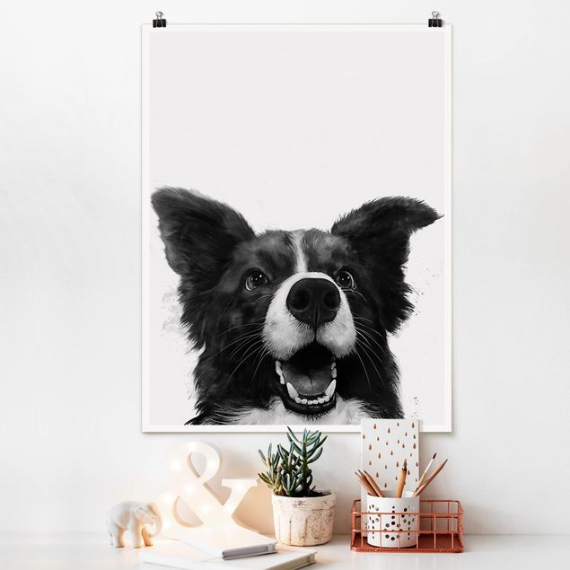 Quadros cães Illustration Dog Border Collie Black And White Painting