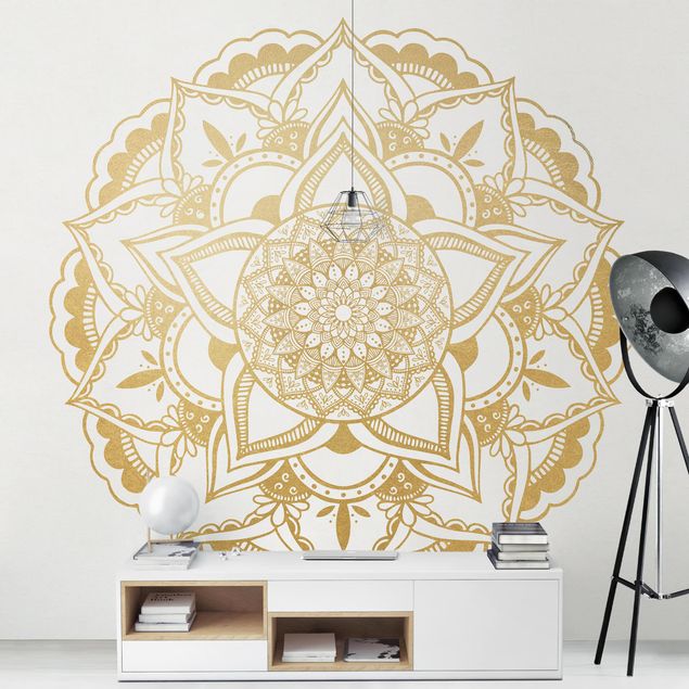 Papel de parede dourado Mandala Flower Gold White