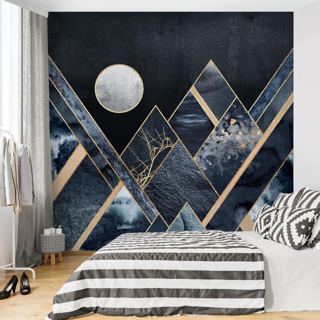 papel de parede moderno Golden Moon Abstract Black Mountains