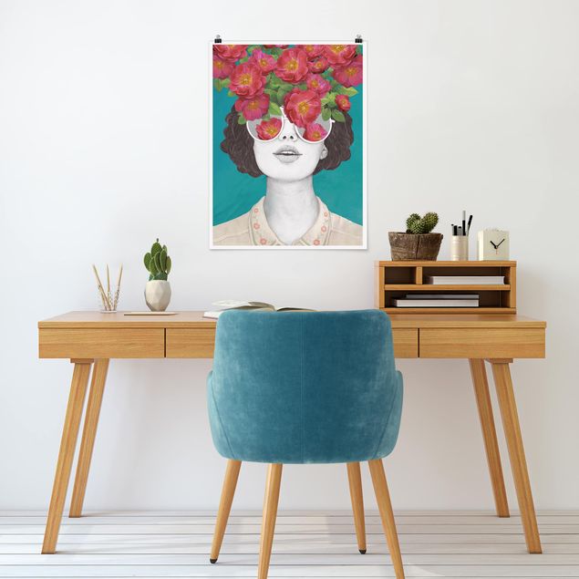 Quadros famosos Illustration Portrait Woman Collage With Flowers Glasses