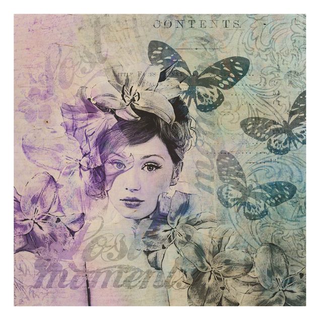 Quadros em madeira vintage Shabby Chic Collage - Portrait With Butterflies