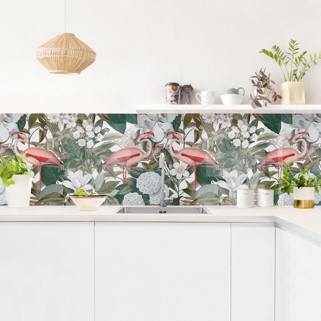 painel anti salpicos cozinha Pink Flamingos With Leaves And White Flowers