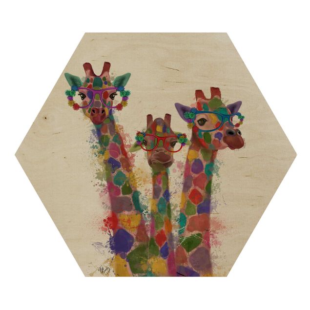 Quadros hexagonais Rainbow Splash Giraffe Trio