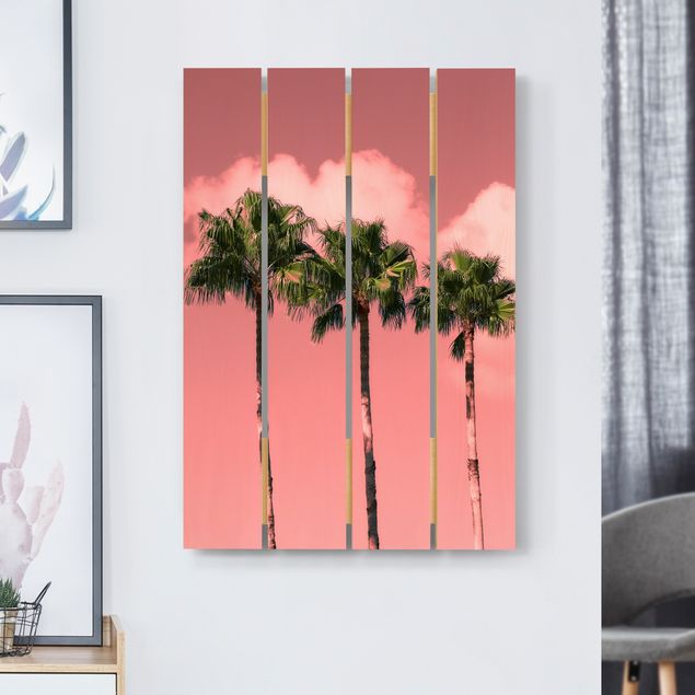 Quadros em madeira flores Palm Trees Against Sky Pink